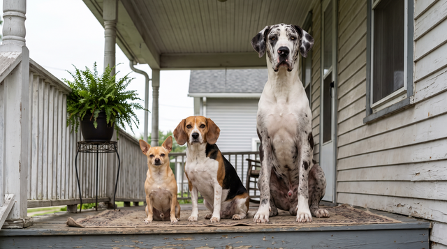 A chihuahua, a beagle and a great dane sitting in a row on a porch, showing the range of dog sizes