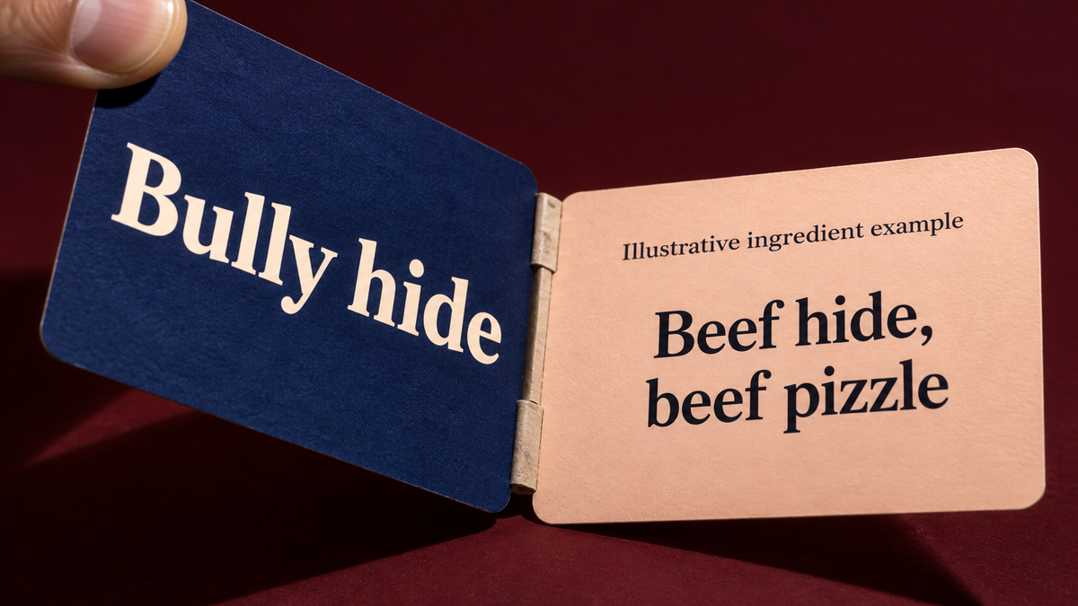 An educational flip card turning from Bully hide to the illustrative ingredients Beef hide, beef pizzle.