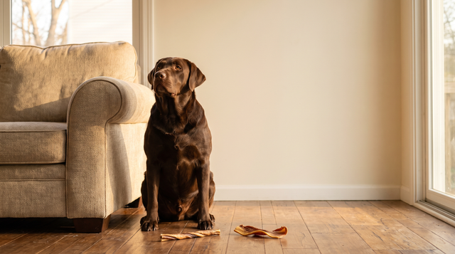 A chocolate labrador sitting on a hardwood floor beside a couch with a narrow twisted chew and a flat curled strip of dried hide on the floor in front of it.