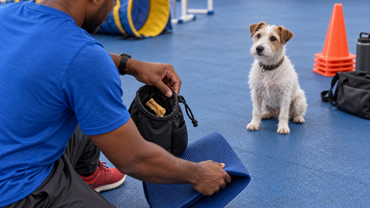 A handler prepares one short bully chew after packing up a training session.