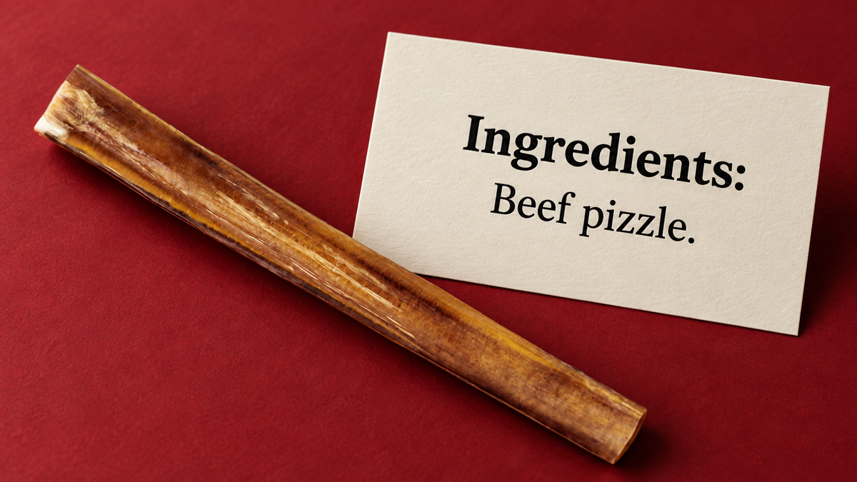 A bully stick beside the ingredient statement Ingredients: Beef pizzle.