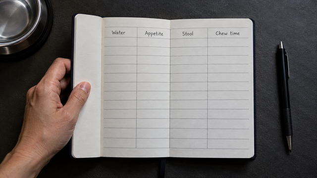 A dog-care notebook with blank columns for water, appetite, stool and chew time.