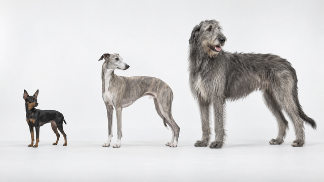 Small, medium and large adult dogs shown in full profile to illustrate choosing a chew for body size.
