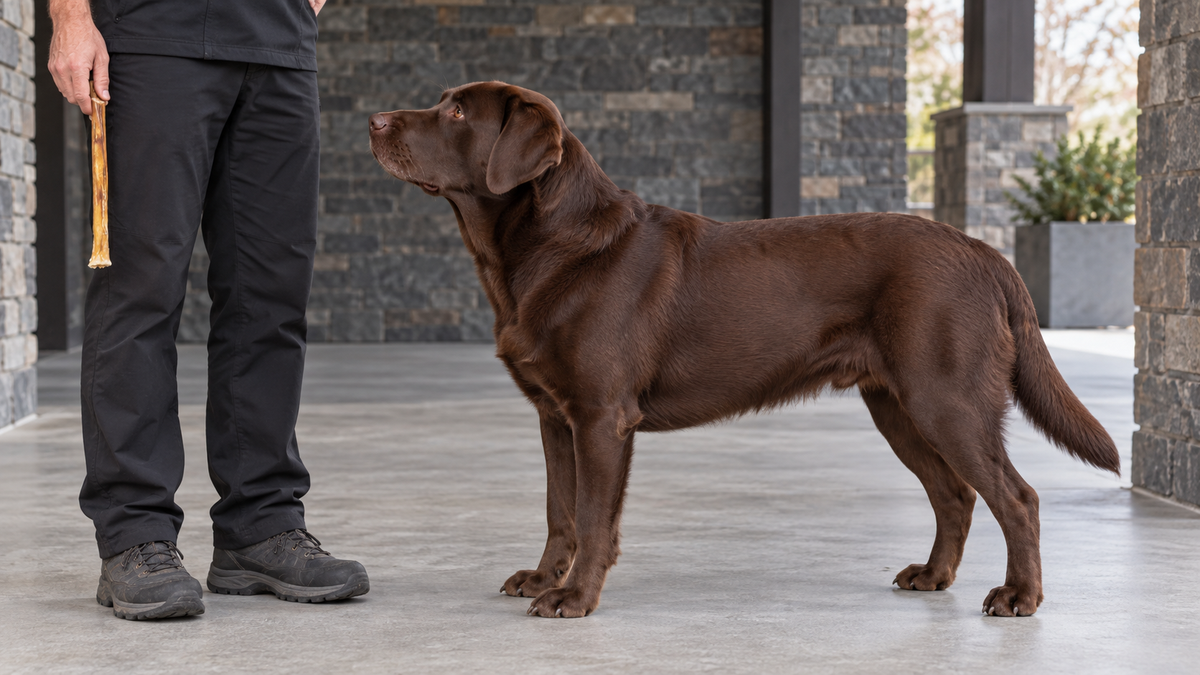 A large adult dog beside its standing owner, who holds a full-length bully stick vertically at their side.