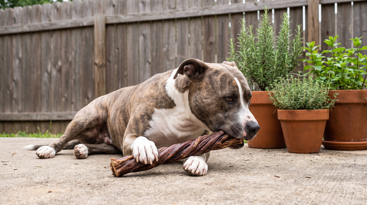 A brindle pit-bull-type mixed-breed dog lying on a concrete patio gnawing one end of a long twisted dried beef chew stick held under its front paws