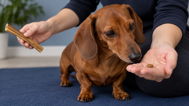 A small adult dachshund turning toward a kibble reward while its owner holds the bully stick away.