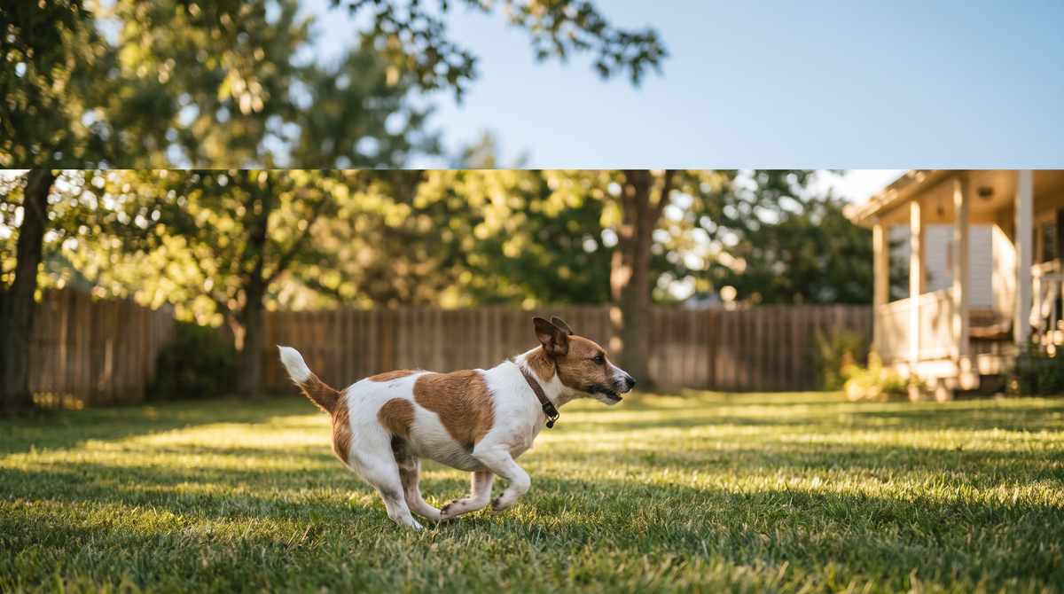 A Jack Russell terrier running at full speed across a sunny backyard lawn