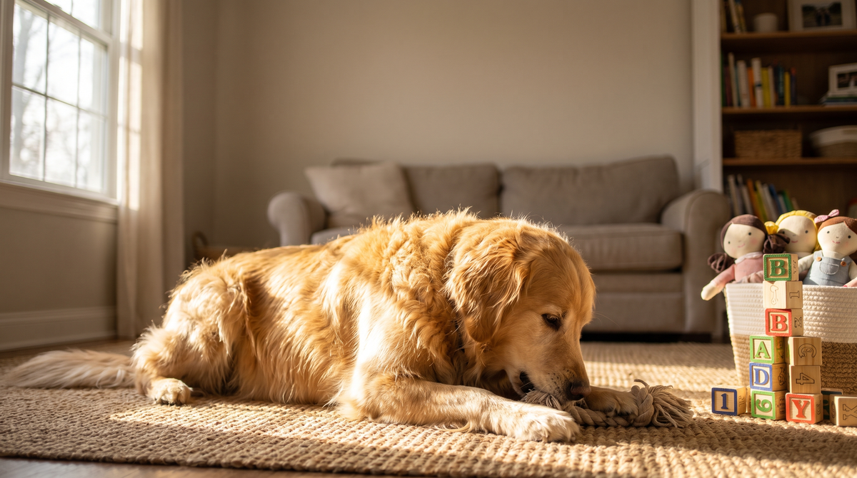 A golden retriever mid-chew on a jute rug in a family room in afternoon light
