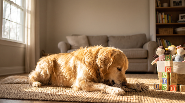 A golden retriever mid-chew on a jute rug in a family room in afternoon light