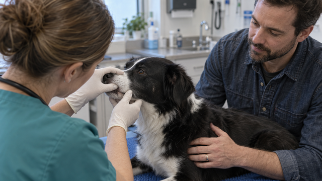 Veterinarian gently checking a dog's mouth while its owner steadies it.