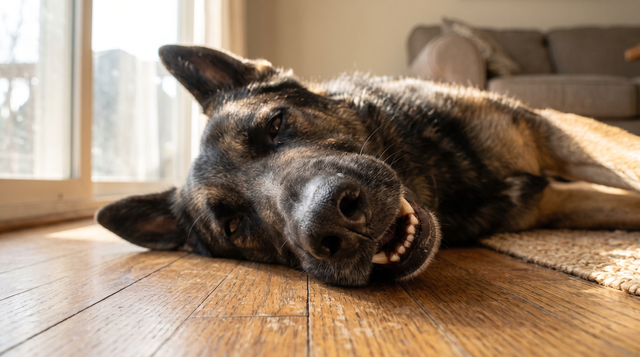 A german shepherd lying on a hardwood floor with its head flat on the boards and its teeth visible at rest