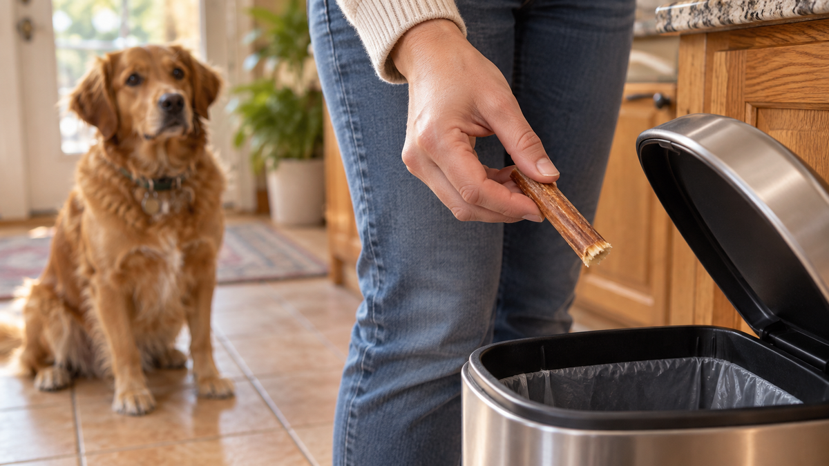 An owner holds a retired bully-stick remnant over a kitchen waste bin while a dog waits several feet away.