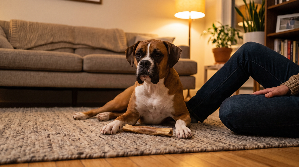 A boxer lying calmly on a living-room rug with a plain natural chew between its front paws while a person sits on the floor beside it.