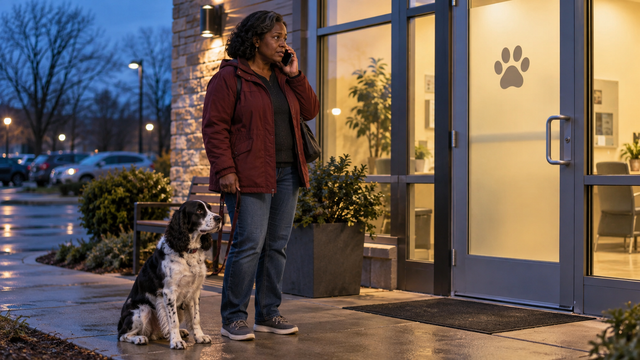 An owner calls for veterinary advice while standing with a dog outside a clinic.