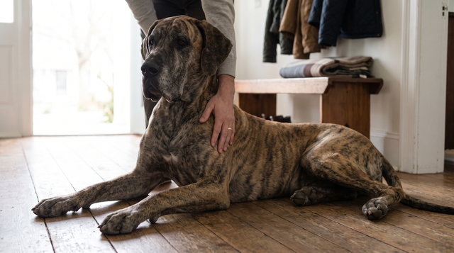 A brindle great dane lying on a wide plank wood floor in a house entryway with a person's hand resting on its shoulder