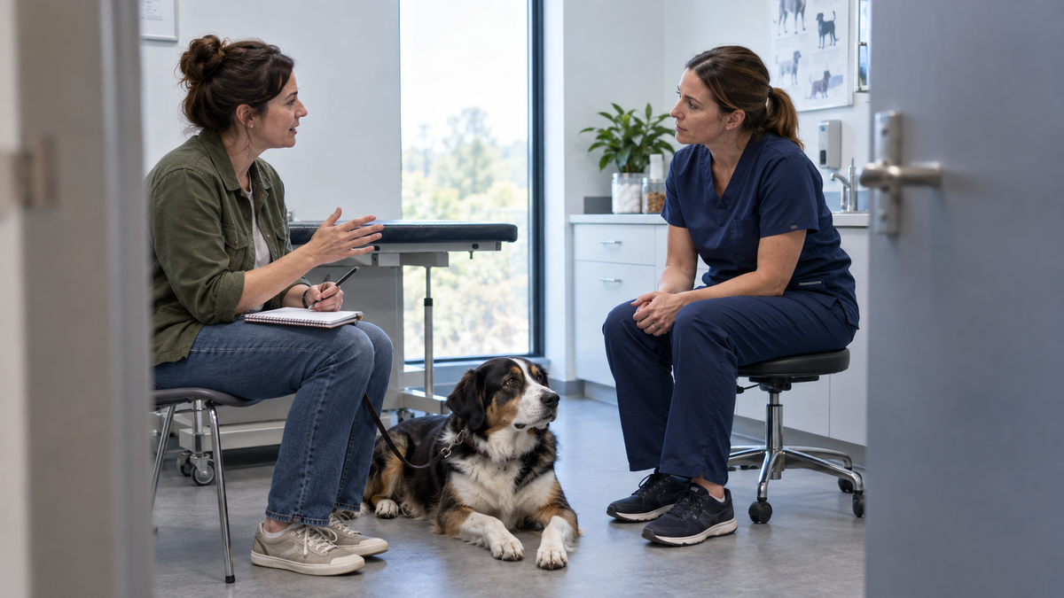 An owner discusses a dog's food history during a veterinary consultation.