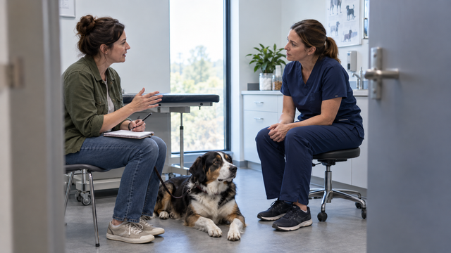 An owner discusses a dog's food history during a veterinary consultation.