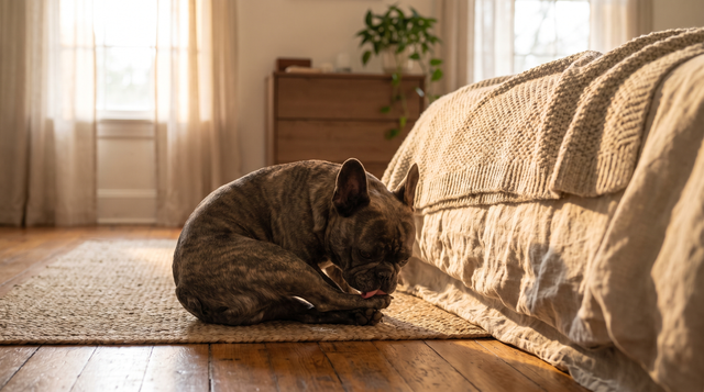 A brindle french bulldog curled on a rug on a bedroom floor licking one of its front paws in afternoon light.