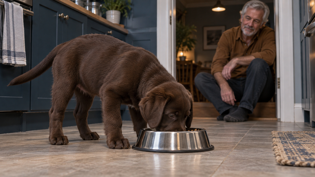 A growing puppy eats a normal meal while an adult watches.