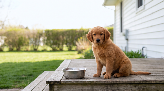 A golden retriever puppy sitting on a wooden back-porch deck beside an empty stainless steel bowl