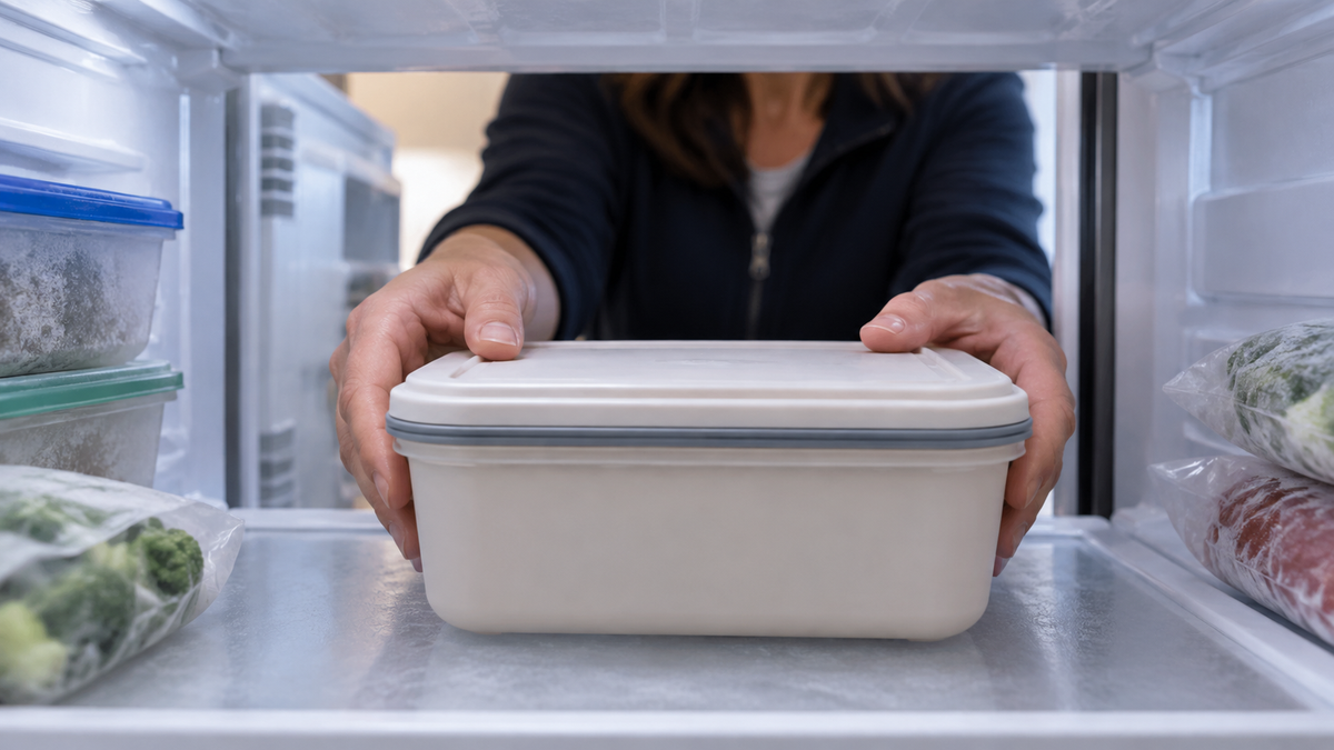View from inside a household freezer as an adult places a closed opaque storage container on a shelf.