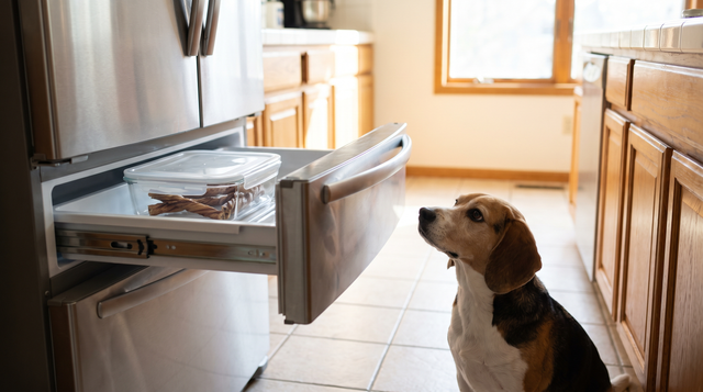 A tricolour beagle sitting on a kitchen tile floor looking up at a partly open freezer drawer holding a clear container of plain dried chew sticks