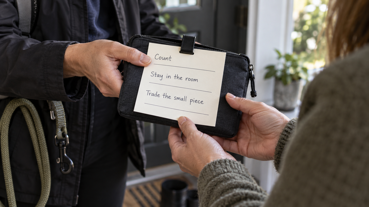 Two adults hand over a closed travel pouch with a card reading Count, Stay in the room and Trade the small piece.