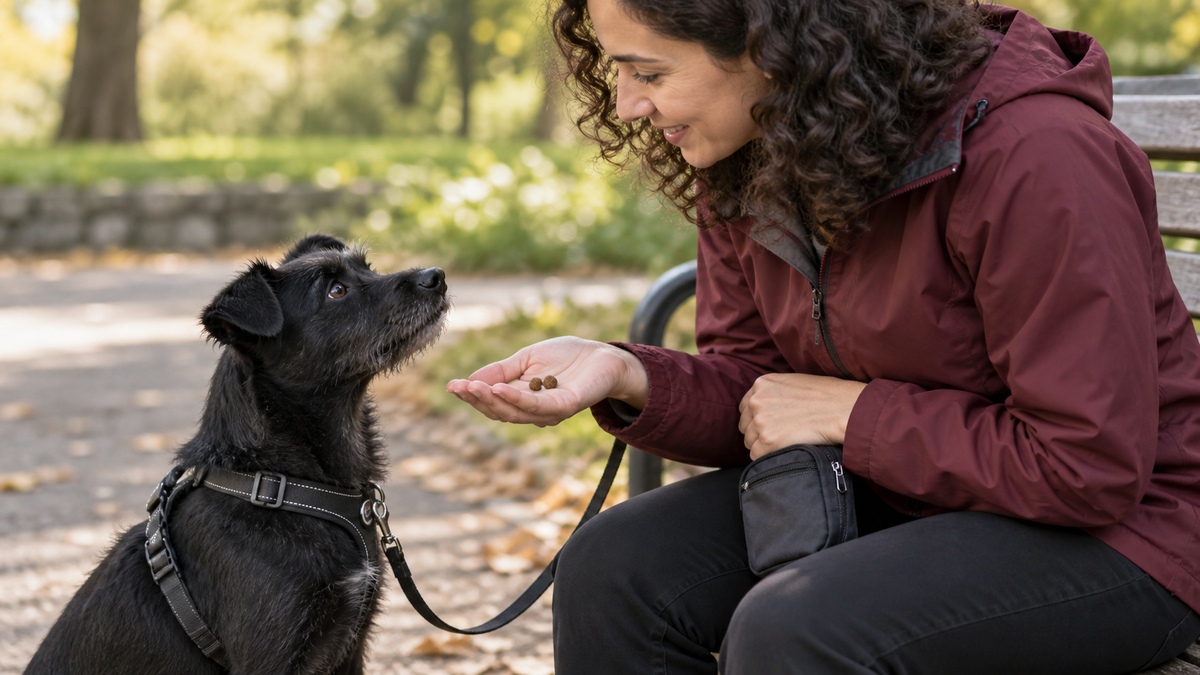 Owner offering two small pieces of the dog's usual food as a training reward.