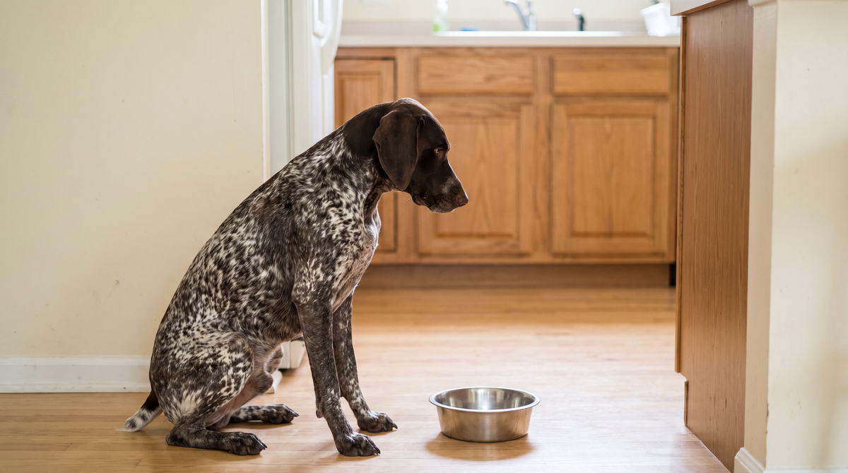 A German shorthaired pointer sitting on a kitchen floor beside a single empty stainless steel bowl