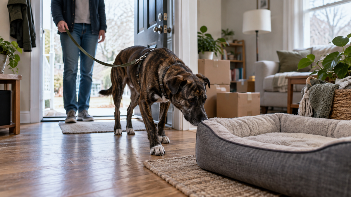 Newly adopted dog exploring a bed just inside its new home while the owner gives it space.