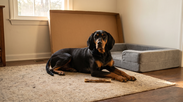 A black and tan coonhound lying on a living room rug beside a new dog bed, a dried chew stick by its paws