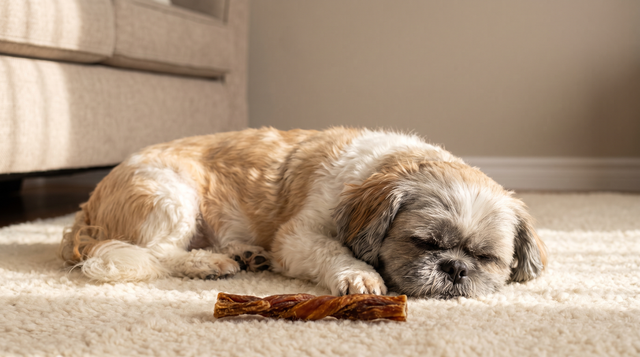 An elderly shih tzu with a grey muzzle sleeping on a cream living-room rug with a short twisted dried beef chew stick lying in front of its paws