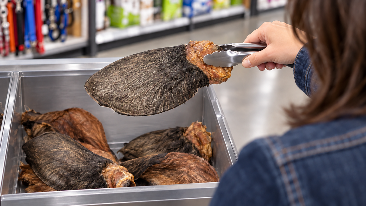 A shopper lifting a whole dried cow ear with tongs to examine its width.
