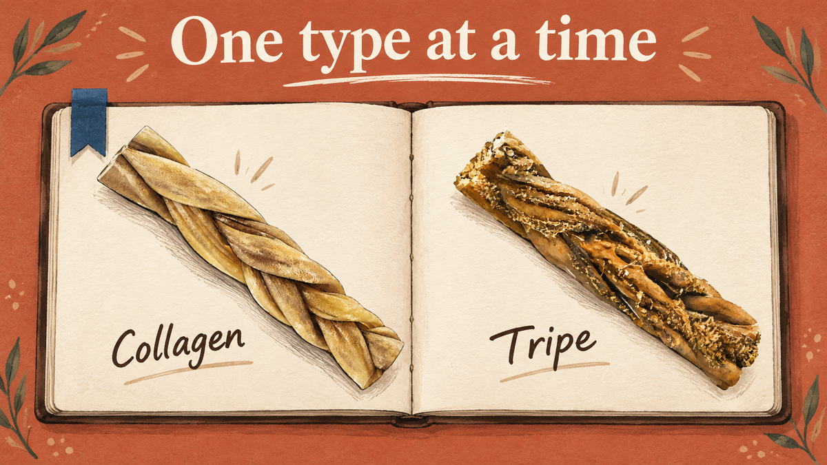 Illustrated sampling journal marks one collagen choice beside a tripe drawing under the heading One type at a time.