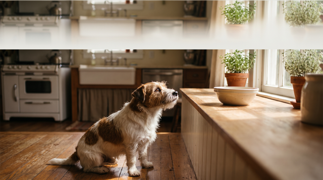 A Jack Russell terrier sitting on a kitchen floor looking up toward a counter edge