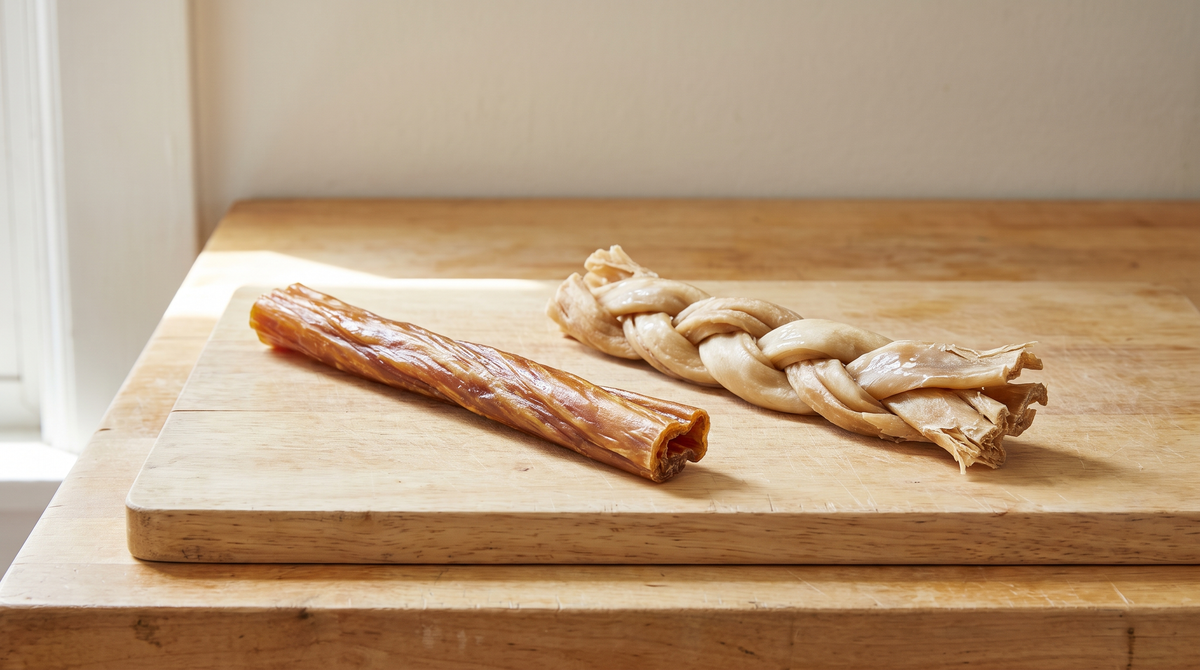 A single straight dried beef chew stick and a three-strand braided dried chew lying side by side on a wooden board on a kitchen counter