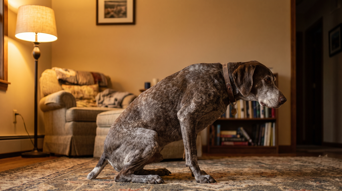An older german shorthaired pointer with a grey muzzle easing itself down onto a living room rug