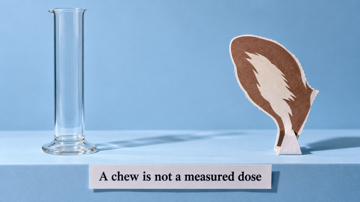 An empty measuring cylinder and a paper ear silhouette illustrating that a chew is not a measured supplement dose.