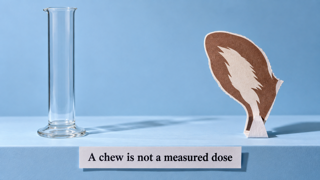 An empty measuring cylinder and a paper ear silhouette illustrating that a chew is not a measured supplement dose.