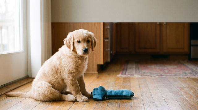 A twelve-week-old golden retriever puppy sitting on a kitchen floor beside a soft chew toy
