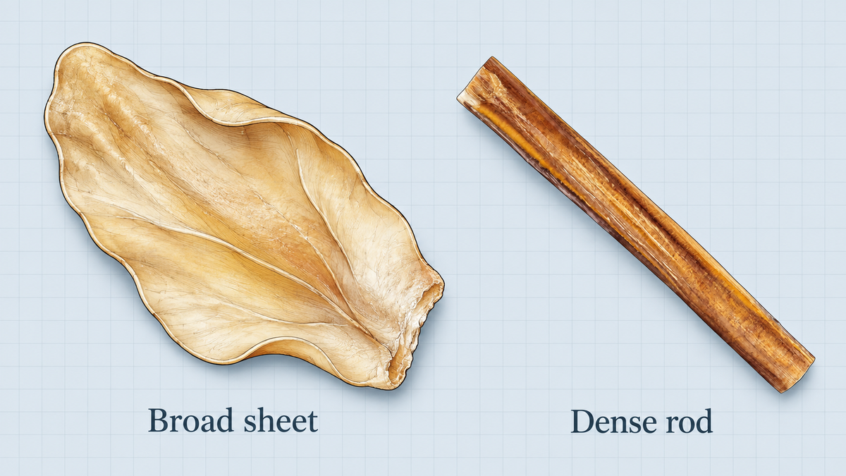 Illustrated shape comparison of a broad cow-ear sheet and a dense bully-stick rod.