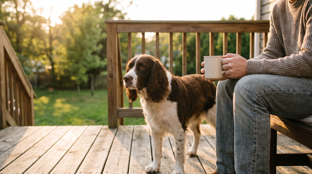 A springer spaniel standing on a wooden back deck next to a seated person holding a mug in evening light
