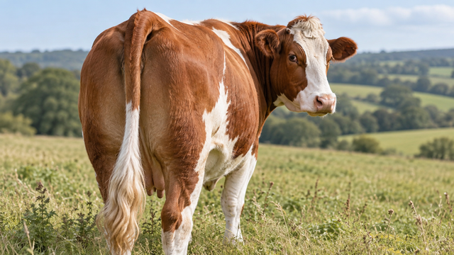 A chestnut-and-white cow turns its head in a meadow, with its natural tail visible.
