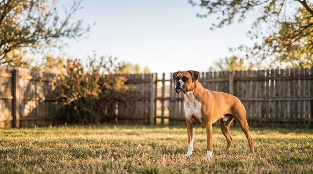 A boxer standing on backyard grass in late afternoon light with a wooden fence behind