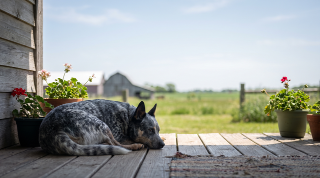 A blue heeler lying on the wooden boards of a farmhouse porch in midday shade