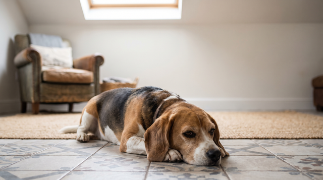 A beagle lying flat on a cool tile floor looking subdued