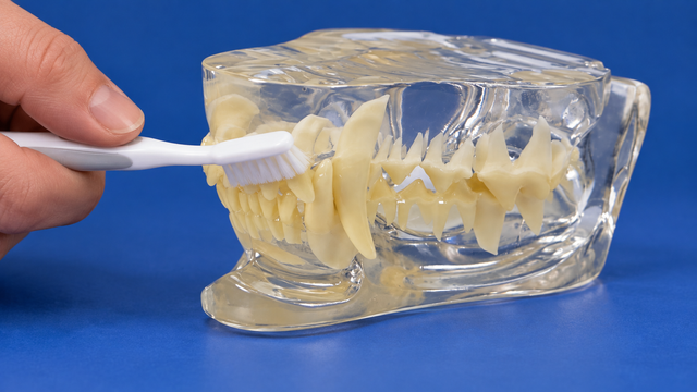 A toothbrush demonstrated along the outer teeth of an artificial canine dental teaching model.