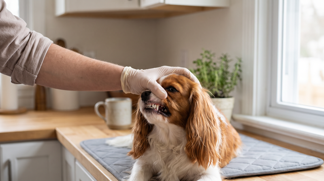 A gloved hand gently lifting the lip of a cavalier king charles spaniel to show its teeth on a padded mat on a kitchen counter.