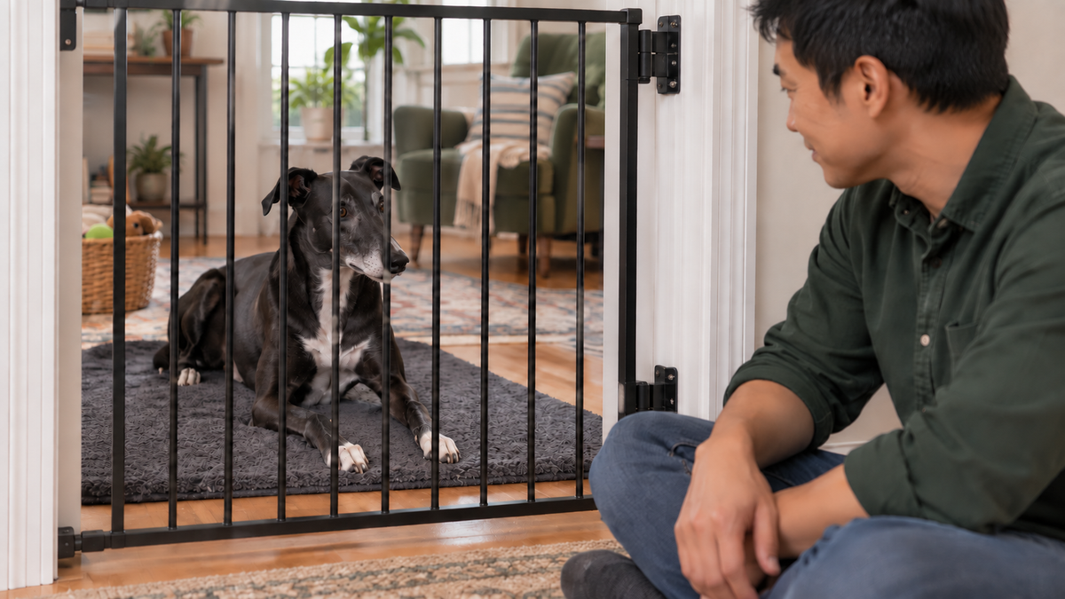 An adult calmly watches a dog resting on the other side of a pet gate.