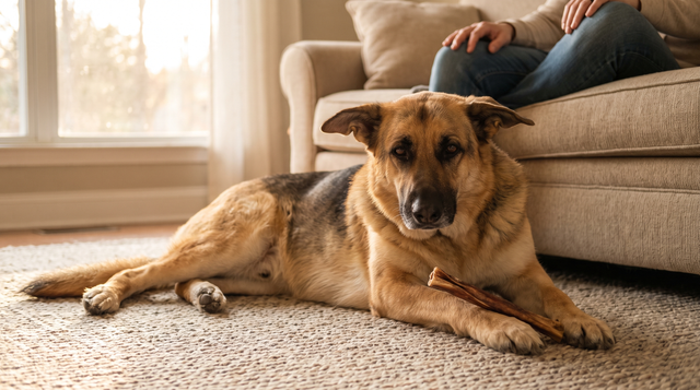 A german shepherd lying relaxed on a living-room rug with a natural dried chew stick between its front paws, a person seated on the sofa behind it